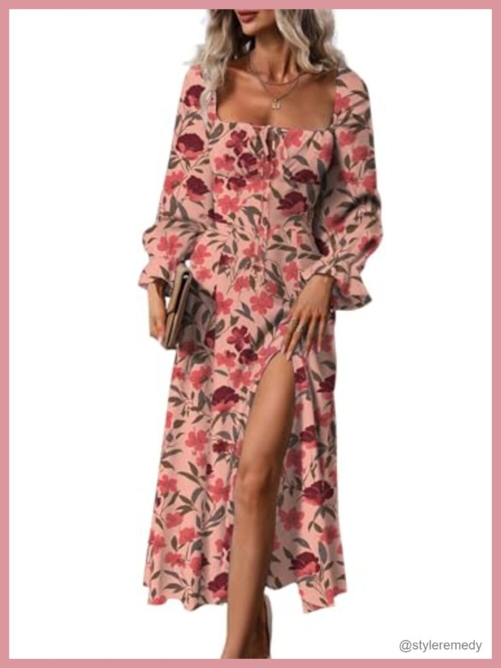 Womens Boho Floral Midi Dress Square Neck Long Sleeve A-Line Side Split